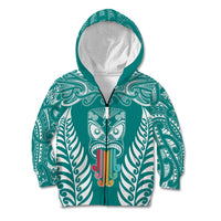 Personalised Kia Kaha Te Reo Maori Kid Hoodie Hei Tiki Mix Koru - Teal LT7 Zip Hoodie Teal - Polynesian Pride