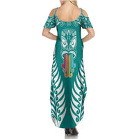 Personalised Kia Kaha Te Reo Maori Summer Maxi Dress Hei Tiki Mix Koru - Teal LT7 - Polynesian Pride