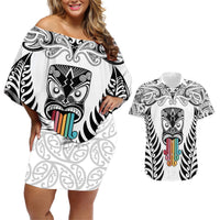 Personalised Kia Kaha Te Reo Maori Couples Matching Off Shoulder Short Dress and Hawaiian Shirt Hei Tiki Mix Koru - White LT7 White - Polynesian Pride