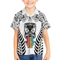 Personalised Kia Kaha Te Reo Maori Kid Hawaiian Shirt Hei Tiki Mix Koru - White LT7 - Polynesian Pride