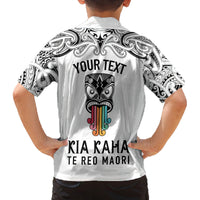 Personalised Kia Kaha Te Reo Maori Kid Hawaiian Shirt Hei Tiki Mix Koru - White LT7 - Polynesian Pride