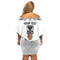 Personalised Kia Kaha Te Reo Maori Off Shoulder Short Dress Hei Tiki Mix Koru - White LT7 - Polynesian Pride