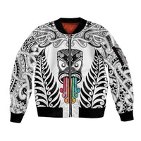 Personalised Kia Kaha Te Reo Maori Sleeve Zip Bomber Jacket Hei Tiki Mix Koru - White LT7 Unisex White - Polynesian Pride