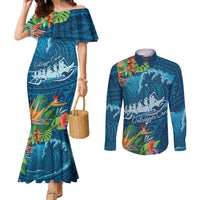 Outrigger Canoe Blue Couples Matching Mermaid Dress and Long Sleeve Button Shirt On The Waves LT7 Blue - Polynesian Pride