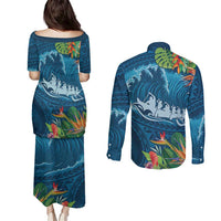 Outrigger Canoe Blue Couples Matching Puletasi and Long Sleeve Button Shirt On The Waves LT7 - Polynesian Pride