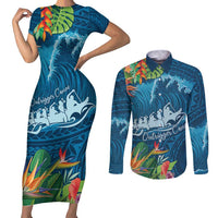 Outrigger Canoe Blue Couples Matching Short Sleeve Bodycon Dress and Long Sleeve Button Shirt On The Waves LT7 Blue - Polynesian Pride