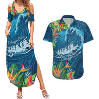 Outrigger Canoe Blue Couples Matching Summer Maxi Dress and Hawaiian Shirt On The Waves LT7 Blue - Polynesian Pride