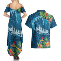 Outrigger Canoe Blue Couples Matching Summer Maxi Dress and Hawaiian Shirt On The Waves LT7 - Polynesian Pride