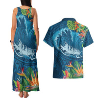 Outrigger Canoe Blue Couples Matching Tank Maxi Dress and Hawaiian Shirt On The Waves LT7 - Polynesian Pride