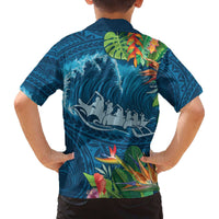 Outrigger Canoe Blue Family Matching Off The Shoulder Long Sleeve Dress and Hawaiian Shirt On The Waves