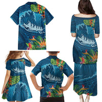 Outrigger Canoe Blue Family Matching Puletasi and Hawaiian Shirt On The Waves LT7 - Polynesian Pride