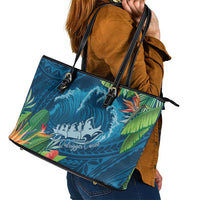 Outrigger Canoe Blue Leather Tote Bag On The Waves LT7 - Polynesian Pride