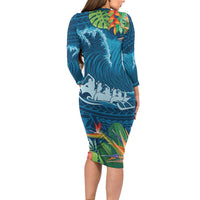 Outrigger Canoe Blue Long Sleeve Bodycon Dress On The Waves LT7