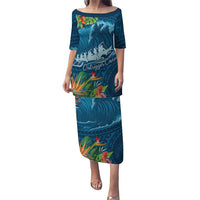 Outrigger Canoe Blue Puletasi On The Waves LT7 Long Dress Blue - Polynesian Pride
