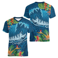 Outrigger Canoe Blue Women V-Neck T-Shirt On The Waves LT7 - Polynesian Pride