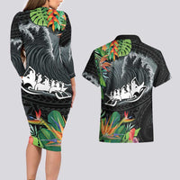 Outrigger Canoe Black Couples Matching Long Sleeve Bodycon Dress and Hawaiian Shirt On The Waves LT7 - Polynesian Pride