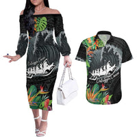 Outrigger Canoe Black Couples Matching Off The Shoulder Long Sleeve Dress and Hawaiian Shirt On The Waves LT7 Black - Polynesian Pride