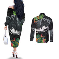 Outrigger Canoe Black Couples Matching Off The Shoulder Long Sleeve Dress and Long Sleeve Button Shirt On The Waves LT7 - Polynesian Pride