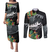 Outrigger Canoe Black Couples Matching Puletasi and Long Sleeve Button Shirt On The Waves LT7 Black - Polynesian Pride