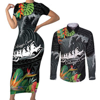 Outrigger Canoe Black Couples Matching Short Sleeve Bodycon Dress and Long Sleeve Button Shirt On The Waves LT7 Black - Polynesian Pride