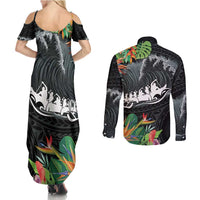 Outrigger Canoe Black Couples Matching Summer Maxi Dress and Long Sleeve Button Shirt On The Waves LT7 - Polynesian Pride