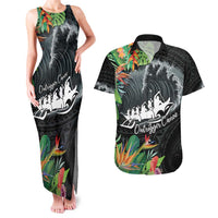 Outrigger Canoe Black Couples Matching Tank Maxi Dress and Hawaiian Shirt On The Waves LT7 Black - Polynesian Pride