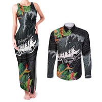 Outrigger Canoe Black Couples Matching Tank Maxi Dress and Long Sleeve Button Shirt On The Waves LT7 Black - Polynesian Pride
