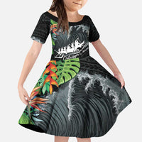 Outrigger Canoe Black Family Matching Long Sleeve Bodycon Dress and Hawaiian Shirt On The Waves