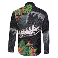 Outrigger Canoe Black Family Matching Off Shoulder Maxi Dress and Hawaiian Shirt On The Waves LT7 - Polynesian Pride