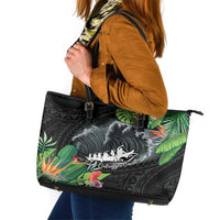 Outrigger Canoe Black Leather Tote Bag On The Waves LT7 Black - Polynesian Pride