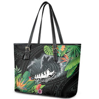 Outrigger Canoe Black Leather Tote Bag On The Waves LT7 - Polynesian Pride