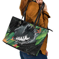 Outrigger Canoe Black Leather Tote Bag On The Waves LT7 - Polynesian Pride