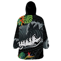 Outrigger Canoe Black Wearable Blanket Hoodie On The Waves LT7 - Polynesian Pride