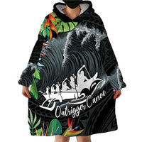 Outrigger Canoe Black Wearable Blanket Hoodie On The Waves LT7 - Polynesian Pride