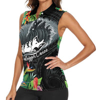 Outrigger Canoe Black Women Sleeveless Polo Shirt On The Waves