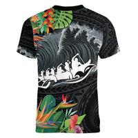 Outrigger Canoe Black Women V-Neck T-Shirt On The Waves LT7 - Polynesian Pride
