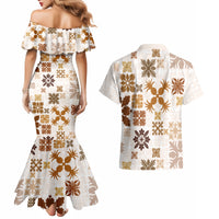 Vintage Hawaii Couples Matching Mermaid Dress and Hawaiian Shirt Hawaiian Quilt Kapa Mismatch Beige LT7 - Polynesian Pride