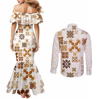 Vintage Hawaii Couples Matching Mermaid Dress and Long Sleeve Button Shirts Hawaiian Quilt Kapa Mismatch Beige LT7 - Polynesian Pride