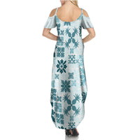 Vintage Hawaii Summer Maxi Dress Hawaiian Quilt Kapa Mismatch Teal LT7 - Polynesian Pride