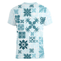 Vintage Hawaii Women V Neck T Shirt Hawaiian Quilt Kapa Mismatch Teal LT7 - Polynesian Pride