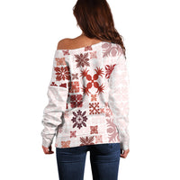 Vintage Hawaii Off Shoulder Sweater Hawaiian Quilt Kapa Mismatch Red LT7 - Polynesian Pride