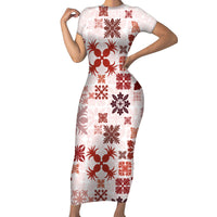 Vintage Hawaii Short Sleeve Bodycon Dress Hawaiian Quilt Kapa Mismatch Red LT7 Long Dress Red - Polynesian Pride