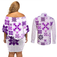 Vintage Hawaii Couples Matching Off Shoulder Short Dress and Long Sleeve Button Shirts Hawaiian Quilt Kapa Mismatch Purple LT7 - Polynesian Pride