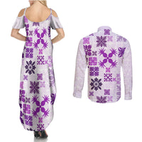 Vintage Hawaii Couples Matching Summer Maxi Dress and Long Sleeve Button Shirts Hawaiian Quilt Kapa Mismatch Purple LT7 - Polynesian Pride