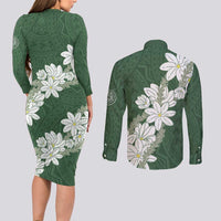 Ia Orana Tahiti Tiare Couples Matching Long Sleeve Bodycon Dress and Long Sleeve Button Shirt Sage Green Lei - Polynesian Pride