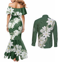 Ia Orana Tahiti Tiare Couples Matching Mermaid Dress and Long Sleeve Button Shirt Sage Green Lei - Polynesian Pride