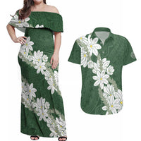 Ia Orana Tahiti Tiare Couples Matching Off Shoulder Maxi Dress and Hawaiian Shirt Sage Green Lei - Polynesian Pride