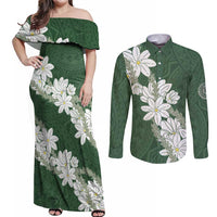 Ia Orana Tahiti Tiare Couples Matching Off Shoulder Maxi Dress and Long Sleeve Button Shirt Sage Green Lei - Polynesian Pride