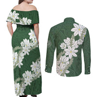 Ia Orana Tahiti Tiare Couples Matching Off Shoulder Maxi Dress and Long Sleeve Button Shirt Sage Green Lei - Polynesian Pride