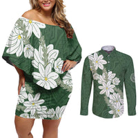 Ia Orana Tahiti Tiare Couples Matching Off Shoulder Short Dress and Long Sleeve Button Shirt Sage Green Lei - Polynesian Pride